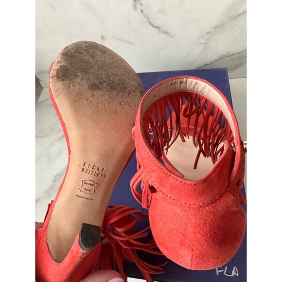 STUART WEITZMAN Red Suede Fringe Ankle Strap Heels Size 7.5 - Picture 8 of 9